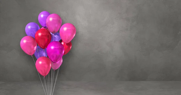 粉色气球堆在灰色的墙壁背景上 横向横幅 3D插图渲染 — 图库照片