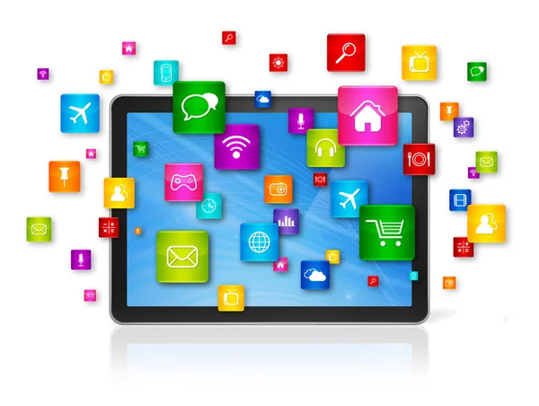 Digital Tablet pc and flying apps icons — Stock Photo, Image