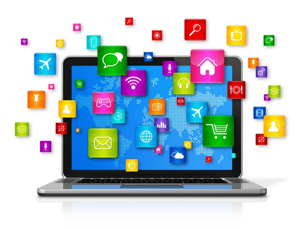 Laptop Computer en vliegende apps pictogrammen — Stockfoto