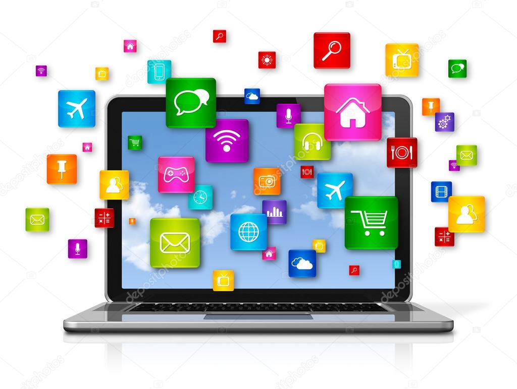Портативный Компьютер И Летающие Приложения Иконки Стоковое Фото.