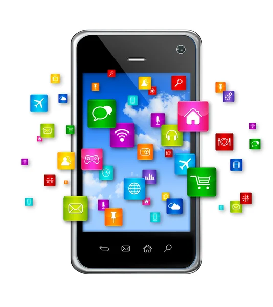 Telefone celular e ícones de aplicativos voadores — Fotografia de Stock