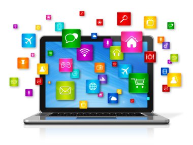 Dizüstü bilgisayar ve uçan apps simgeler