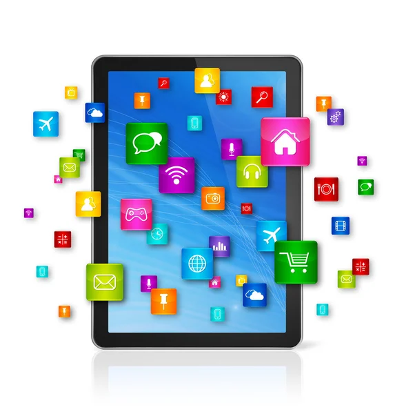 Digitale Tablet pc en vliegende apps pictogrammen — Stockfoto