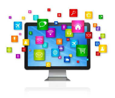 Masaüstü bilgisayar ve uçan apps simgeler