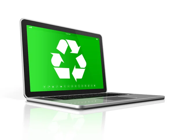 Laptop com um símbolo de reciclagem na tela. conservação do ambiente — Fotografia de Stock