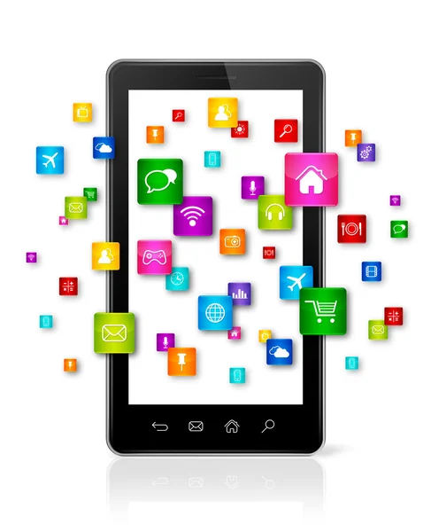 Apps icons flying around mobile phone — Stock Photo, Image