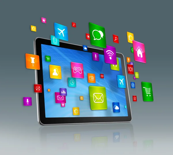 Ícones de Tablet digital e aplicativos voadores — Fotografia de Stock