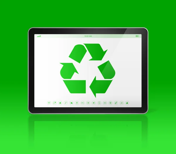Digital tablet PC with a recycling symbol on screen. ecological — Stock Photo, Image