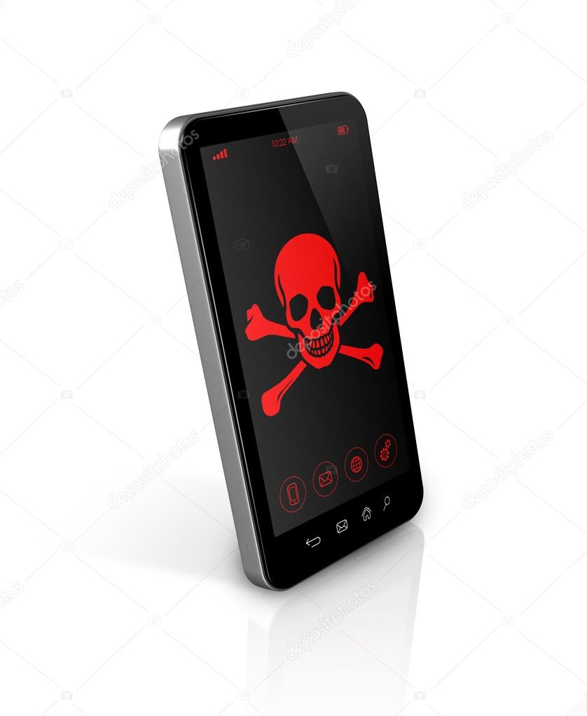 smart phone with a pirate symbol on screen. Hacking concept