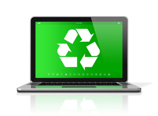Portátil con un símbolo de reciclaje en la pantalla. conservación ambiental —  Fotos de Stock