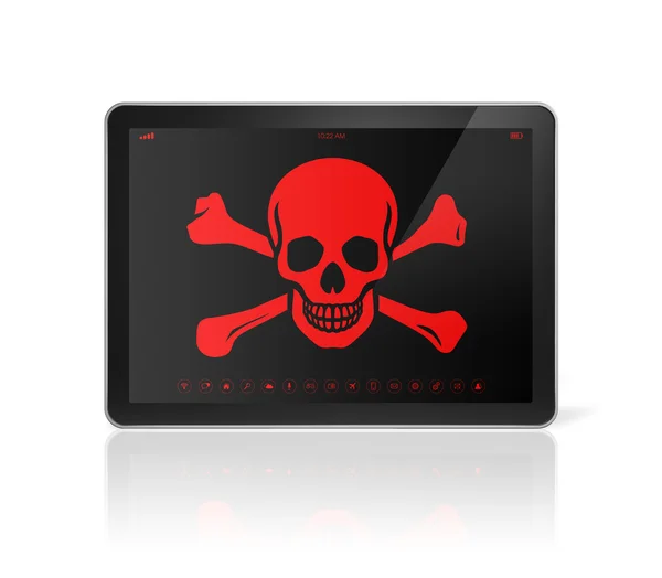 Tablet Pc met een pirate-symbool op het scherm. Hacken concept — Stockfoto