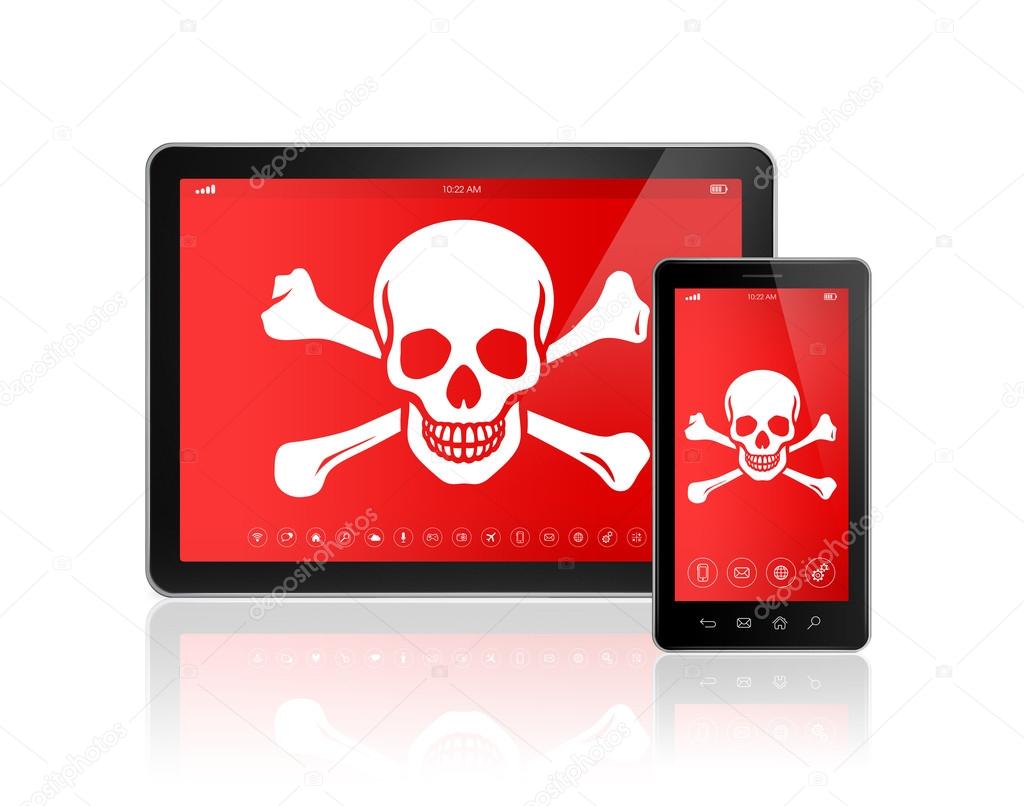 Digital tablet PC and smartphone with a pirate symbol on screen.