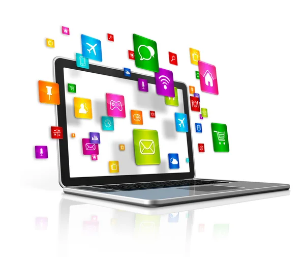 Flying apps icons and laptop Computer isolated on a white backgr — Stock Photo, Image