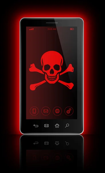 Smartphone com um símbolo de pirata na tela. Conceito de hacking — Fotografia de Stock