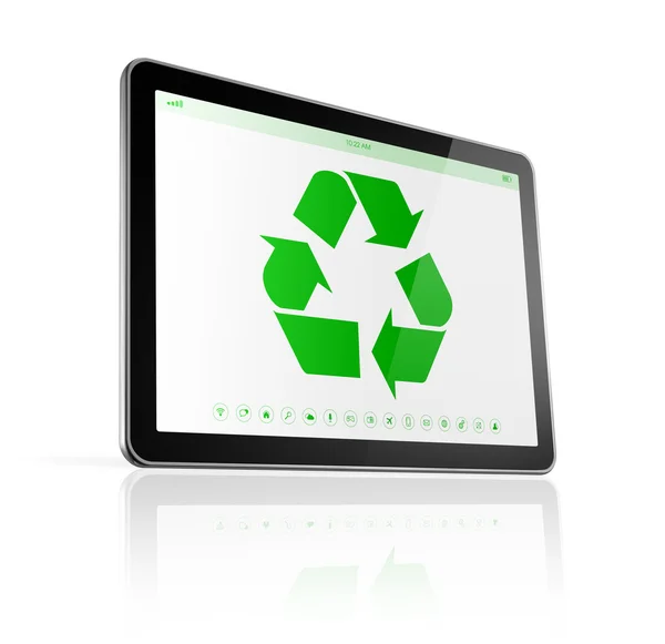 Tablet PC digital con un símbolo de reciclaje en la pantalla. medio ambiente — Foto de Stock