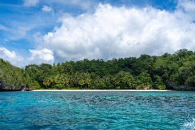 Endonezya, Sulawesi 'deki Togian Adaları' nda, mavi gökyüzünün altında palmiye ağaçlarıyla kaplı çarpıcı beyaz bir kumsal.