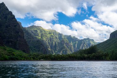 Yüksek yeşil kayalıklar Hakaui Körfezi, Nuku Hiva, Marquesas Adaları, Fransız Polinezyası 'na hakim. Bereketli bitki örtüsü, palmiye ağaçları ve derin vadiler uzak Pasifik kıyı şeridi boyunca nefes kesici bir doğal manzara yaratır.