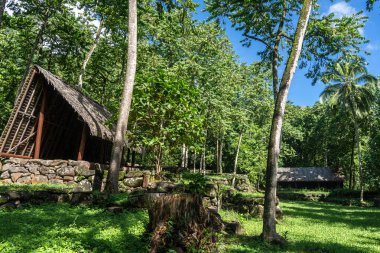 Geleneksel sazdan çatılı bir yapı, Kamuihei 'deki antik taş kalıntıları arasında duruyor, Nuku Hiva. Bu Polinezya miras alanı yemyeşil tropikal bitki örtüsüyle çevrilidir. Fransız Polinezyası