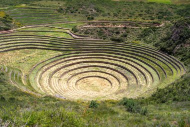 Peru 'nun Kutsal Vadisi' ndeki İnka bölgesinde, gelişmiş mühendislik ve farklı mikro iklimlere adaptasyon sergilenen antik tarım deneyleri için kullanılan konsantre teraslar yer almaktadır.