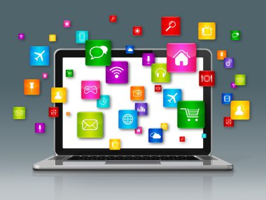 Dizüstü bilgisayar ve uçan apps simgeler izole gri
