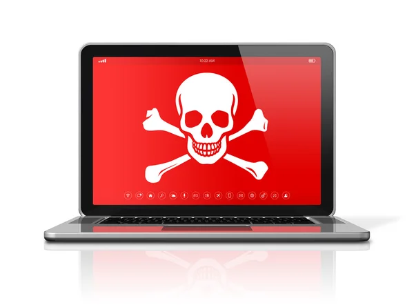 Ноутбук с пиратским символом на экране. Концепция взлома — стоковое фото