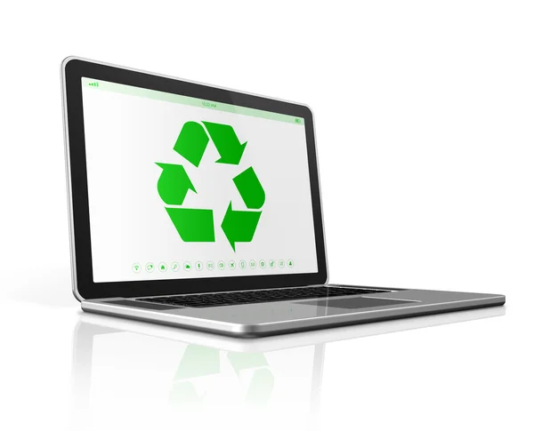 Computador portátil com um símbolo de reciclagem na tela. ambiente — Fotografia de Stock