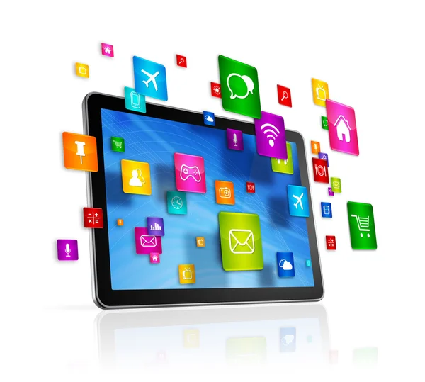 Tablet PC and flying apps icons — Stock Photo, Image