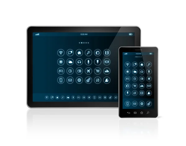 Tablette numérique PC et smartphone avec interface d'icônes applications Image En Vente