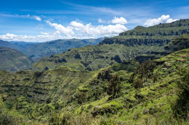 Peru 'daki Waqrapukara bölgesinde dramatik kaya oluşumları, yeşil vadiler ve dik uçurumlar yer almakta, And dağlarının parlak mavi gökyüzü altında nefes kesen manzaraları sunmaktadır.