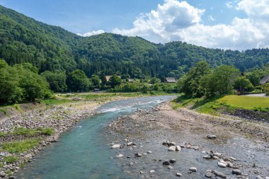 Sho Nehri, ormanlık dağlar ve huzurlu bir yaz manzarasında geleneksel sazdan evler ile çevrili Shirakawa-go 'da usulca esiyor.