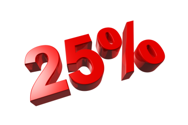 % 25 indirimli. Teklif satışı. Şeffaf arkaplanda 3 boyutlu illüstrasyon izole edildi. Promosyon fiyatı