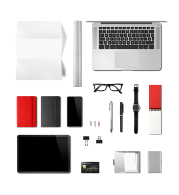 Ofis masası model üst görünümü şeffaf arka planda izole edildi. Boşluk alanı