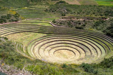Peru 'nun Kutsal Vadisi' ndeki İnka bölgesinde, gelişmiş mühendislik ve farklı mikro iklimlere adaptasyon sergilenen antik tarım deneyleri için kullanılan konsantre teraslar yer almaktadır.