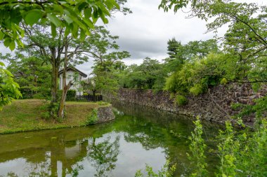 Yeşil ağaçlar, tarihi Matsumoto Kalesi 'ni çevreleyen taş hendeğin sakin sularını yansıtarak Japonya' da sakin bir doğal atmosfer yaratıyor.