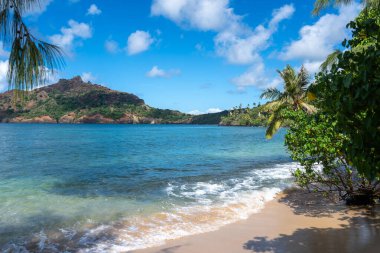 Altın kum, kristal berrak sular ve yemyeşil palmiye ağaçları yeşil volkanik dağlarla çevrili, Nuku Hiva, Fransız Polinezyası 'ndaki uzak Anaho Körfezi boyunca uzanır.
