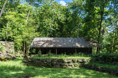 Geleneksel sazdan çatılı bir yapı, Kamuihei 'deki antik taş kalıntıları arasında duruyor, Nuku Hiva. Bu Polinezya miras alanı yemyeşil tropikal bitki örtüsüyle çevrilidir. Fransız Polinezyası