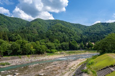 Sho Nehri, ormanlık dağlar ve huzurlu bir yaz manzarasında geleneksel sazdan evler ile çevrili Shirakawa-go 'da usulca esiyor.