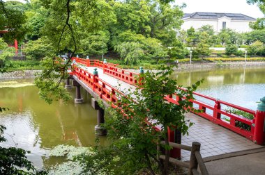 Geleneksel bir kırmızı köprü, Japonya 'nın Osaka kentindeki Tennoji Parkı' ndaki yemyeşil ağaçlarla çevrili Kawazokoike gölünün yeşil sularını geçer.