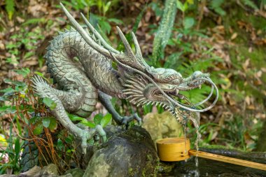 Hiroşima 'daki Mitaki-Dera tapınağında yemyeşil ve yosunlu taşlarla çevrili bronz bir ejderha çeşmesi ya da chozuya, arıtıcı suyla doludur.