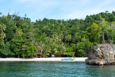 Sulawesi, Endonezya 'daki güzel Togian takımadasının bir parçası olan Waleakodi Adası' ndaki Lia plajının beyaz kumlarında renkli bir pirogue bulunur.
