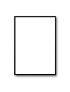 Beyaz bir duvarda asılı siyah bir çerçeve. Boş model şablonu