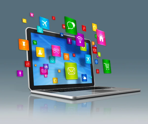 Laptop-Computer und fliegende Apps auf grauem Hintergrund — Stockfoto