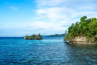 Togian Archipelago, Sulawesi 'deki Malenge Adası' nın çarpıcı kıyı şeridi parlak bir gökyüzü altında verimli kayalıklar ve canlı turkuaz suları ortaya çıkarıyor.