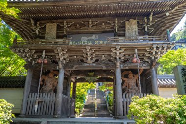 Daisho-in Tapınağı 'nın etkileyici ahşap kapısı, Japonya' daki bu tarihi Budist bölgesine giden kutsal merdivenleri koruyan canlı yeşillikler arasında duruyor. Miyajima Adası