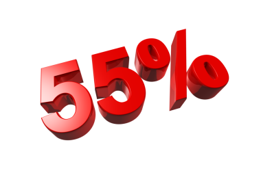 % 55 indirimli. Teklif satışı. Şeffaf arkaplanda 3 boyutlu illüstrasyon izole edildi. Promosyon fiyatı