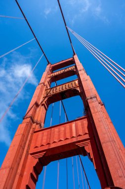 San Francisco 'daki Golden Gate Köprüsü' nde yüksek kırmızı yapısı, yaya geçidi ve mavi gökyüzü ve yeşil tepelere kurulmuş süspansiyon kabloları bulunur.