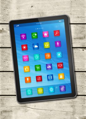 Dijital tablet Pc üzerinde beyaz bir ahşap masa