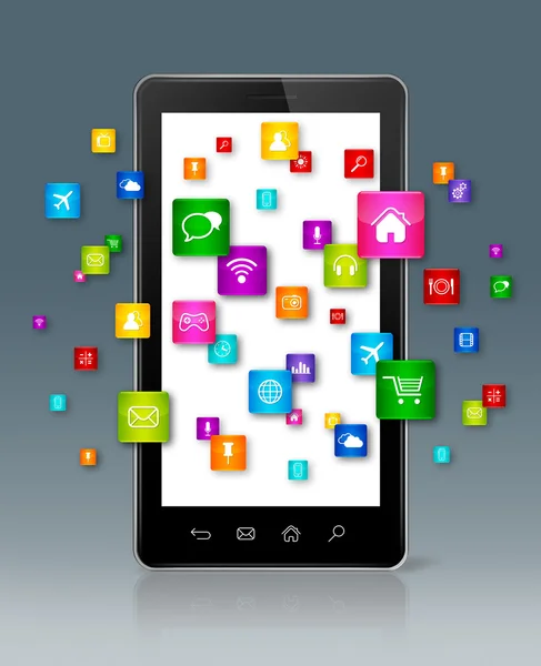 Apps icons flying around Smartphone — Stock Photo, Image