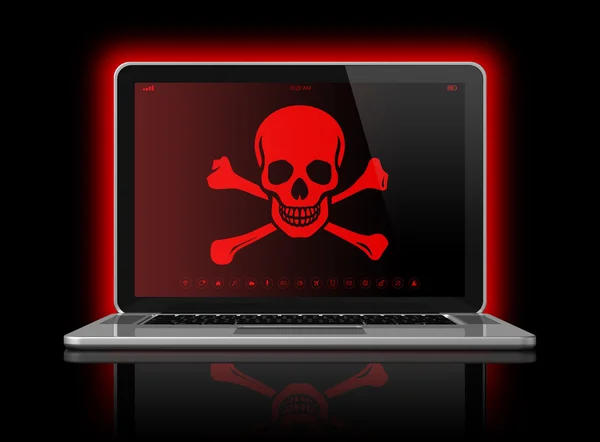 在屏幕上的海盗旗的笔记本电脑。黑客的概念 — 图库照片