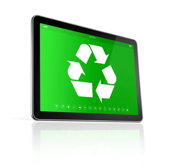 Digital tablet PC with a recycling symbol on screen. environment — Stock Photo, Image